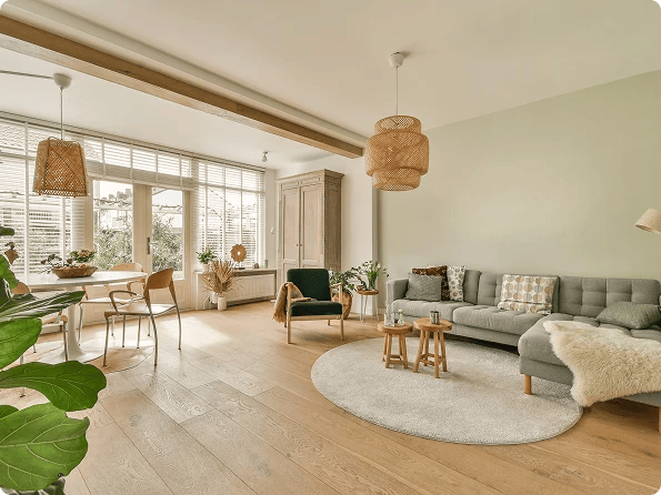 Flooring installation in open living areas, kitchens, and hallways with removal of old flooring, room transitions, and subfloor prep by Five Star Flooring